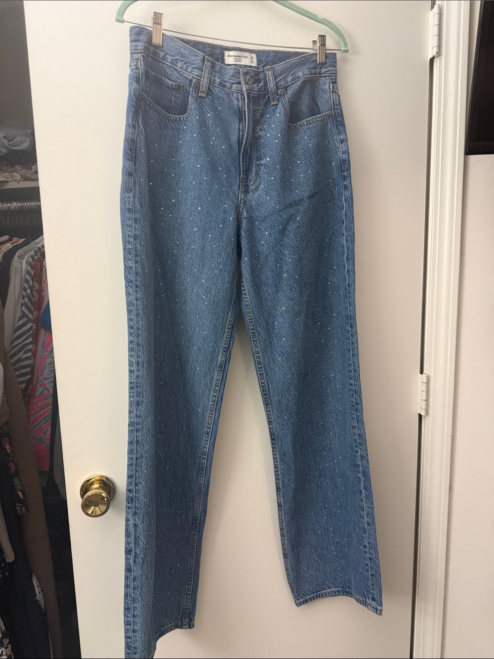 Abercrombie & Fitch Blue Straight-Leg Jeans with Subtle Rhinestone Detail